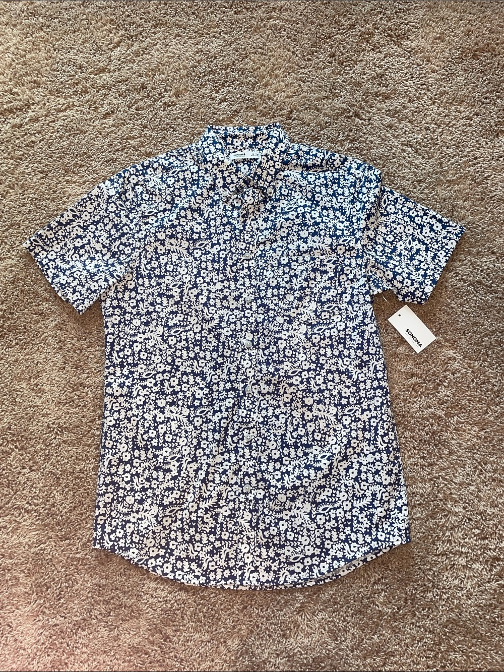 NWT Sonoma Men's Navy Floral Short-Sleeve Button-Up Shirt size medium tall